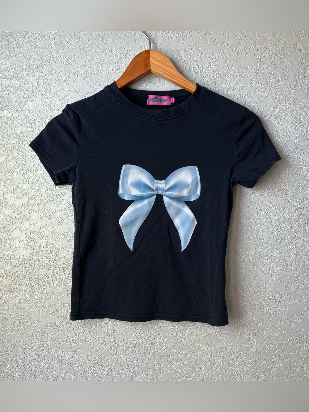 Edikted Black Baby Tee Size S Blue Satin Bow Graphic Coquette Y2K